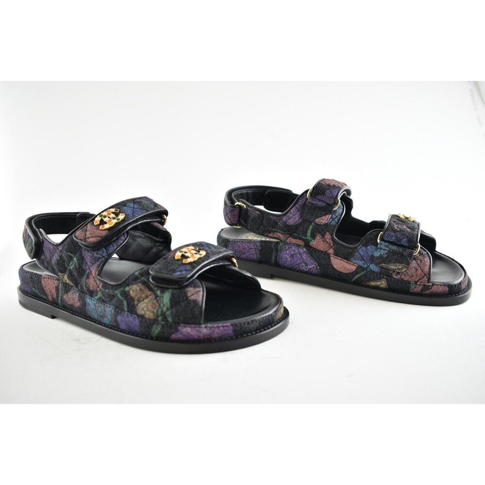 Chanel 21A Black Denim Graffiti CC Logo Mule Slide Strap Flat Dad Sandal 35.5 - Picture 2 of 11
